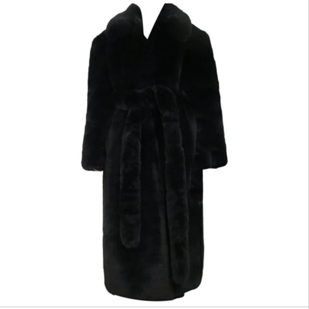 Magda Butrym Black faux fur belted coat FR 36